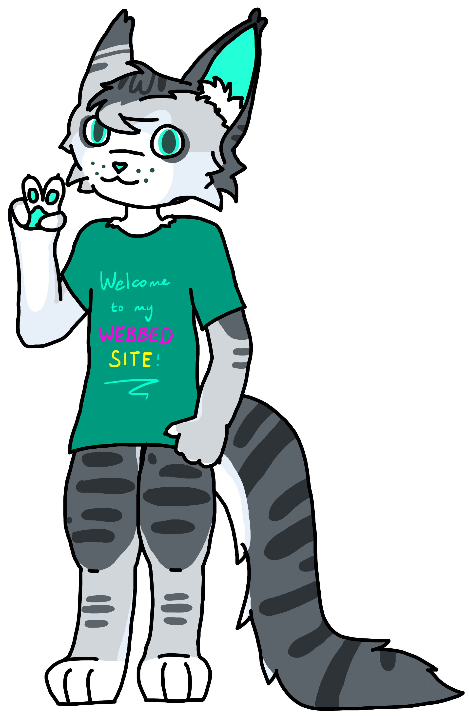 Cyan doing a peace sign, wearing a shirt that says 'Welcome to my WEBBED SITE!'